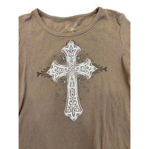 Prairie Rose Brown Tan Embellished Bling Cross Design Tshirt Blouse Women's Size